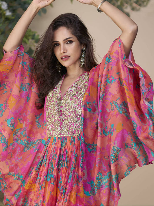 Rich Pink Embroidery Poncho Style Palazzo Suit