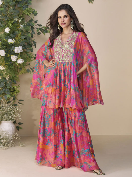 Rich Pink Embroidery Poncho Style Palazzo Suit