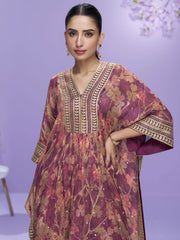 Digital Printed Wine Georgette Kaftan Style Gharara Suit