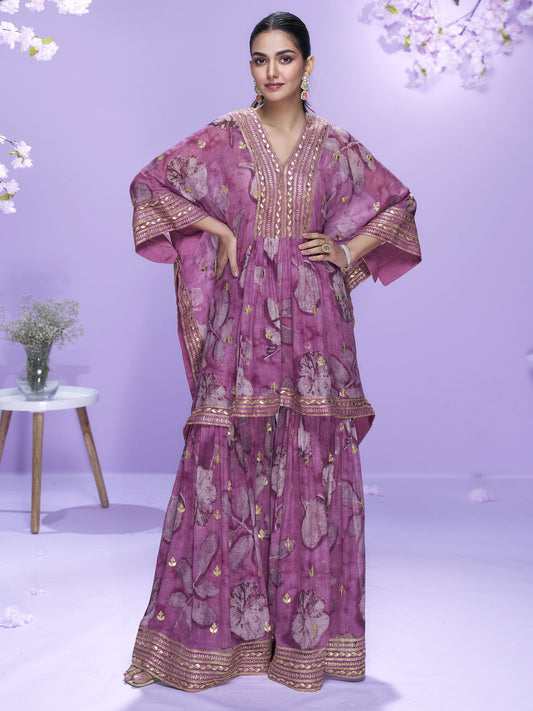 Digital Printed Onion Georgette Kaftan Style Gharara Suit