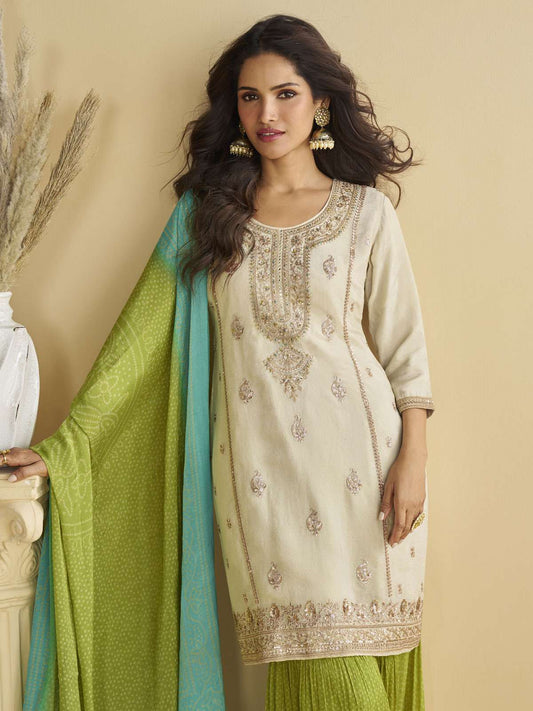 Off White And Green Festive Wear Gharara Suit
