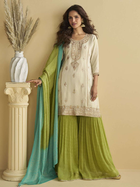 Off White And Green Festive Wear Gharara Suit