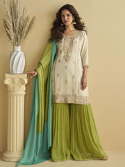 Off White And Green Festive Wear Gharara Suit