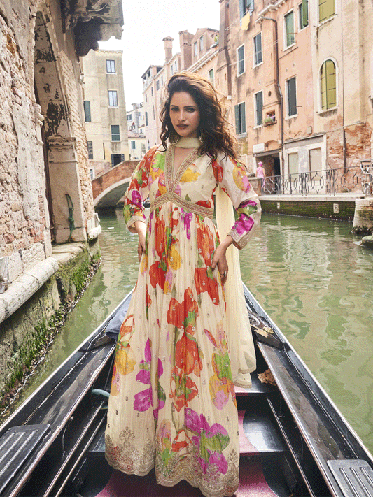 Digital Printed Chinon Silk Abaya Style Suit in Cream