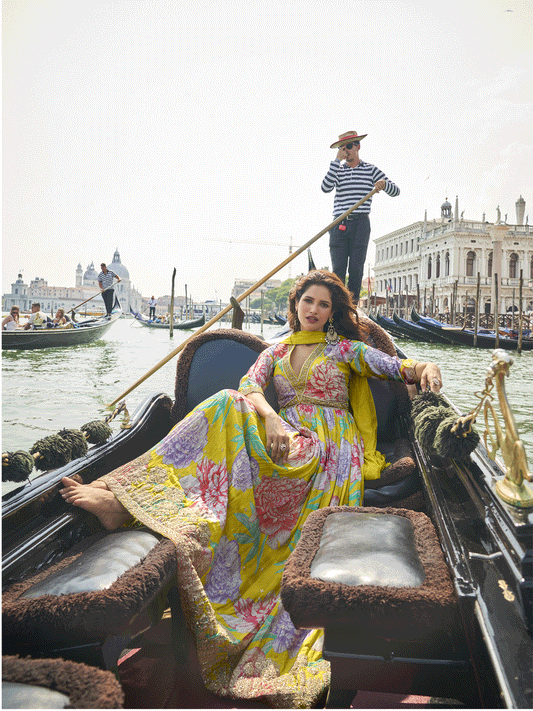 Digital Embroidered Green Chinnon Festive Anarkali Gown