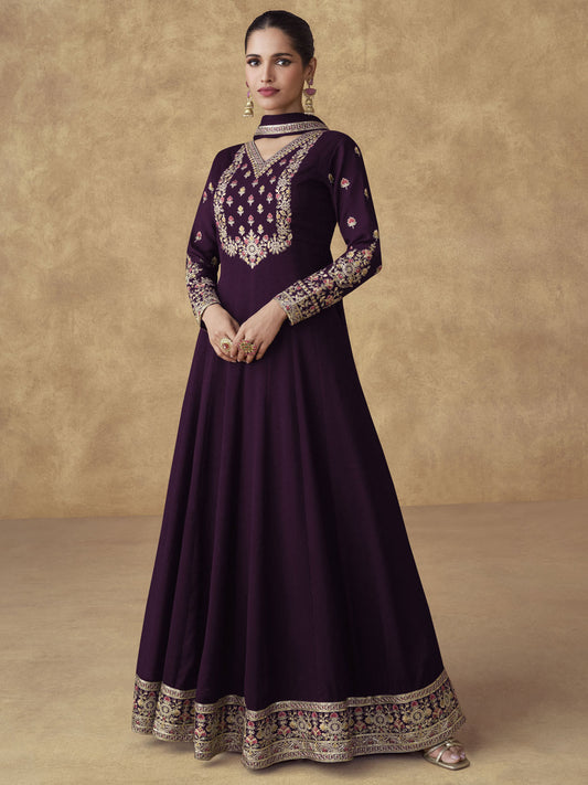 Purple Chinnon Silk Festive Anarkali Suit
