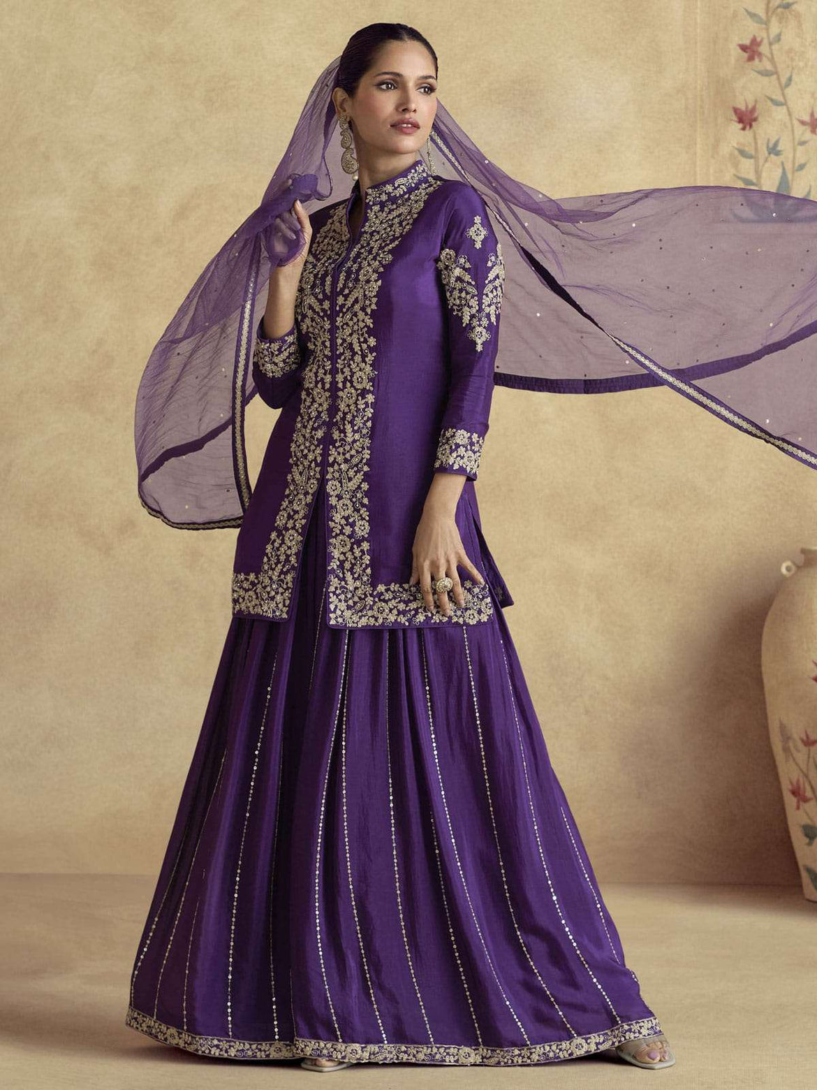 Ethnic Motifs Embroidered Flared Round Neck Kurta with Sharara