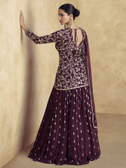 Wine Embroidered Chinnon Wedding Party Lehenga Dress