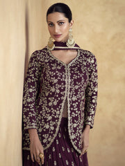 Wine Embroidered Chinnon Wedding Party Lehenga Dress