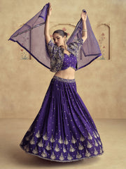 Purple Embroidered Chinnon Wedding Party Lehenga Dress