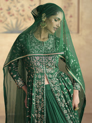 Green Embroidered Chinnon Wedding Party Lehenga Suit