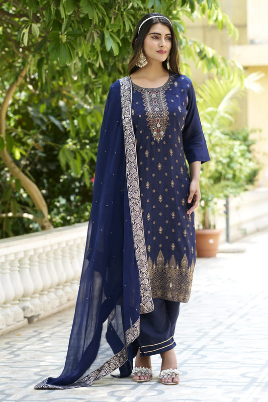Navy Blue Zari Silk Trendy Salwar Kameez