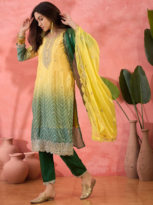 Yellow And Green Ombre Shaded Salwar Kameez