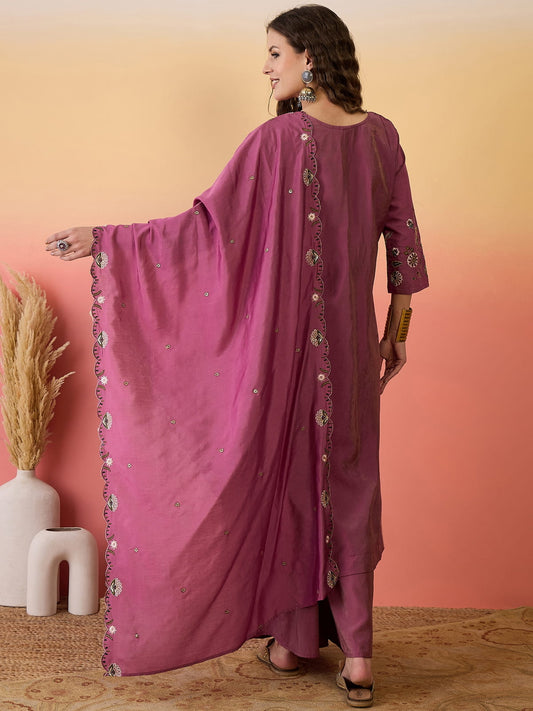 Embroidered Art Silk A Line Suit in Purple