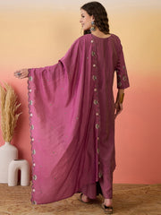 Embroidered Art Silk A Line Suit in Purple