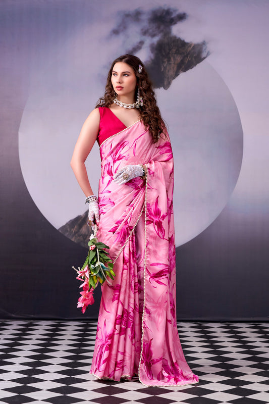 Pink Digital Print Satin Silk Saree