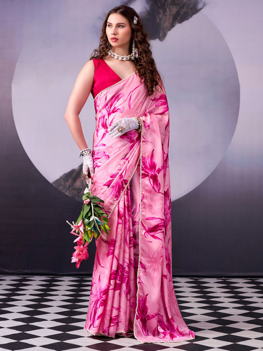 Pink Digital Print Satin Silk Saree
