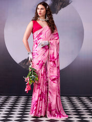 Pink Digital Print Satin Silk Saree