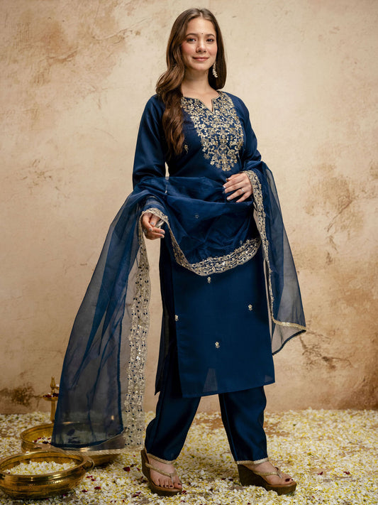 Navy Blue Designer Chanderi Cottan Partywear Kurta Set