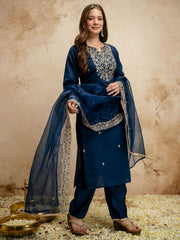 Navy Blue Designer Chanderi Cottan Partywear Kurta Set