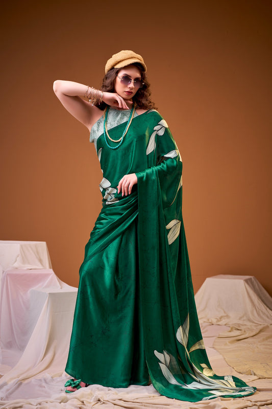 Green Digital Print Satin Silk Saree