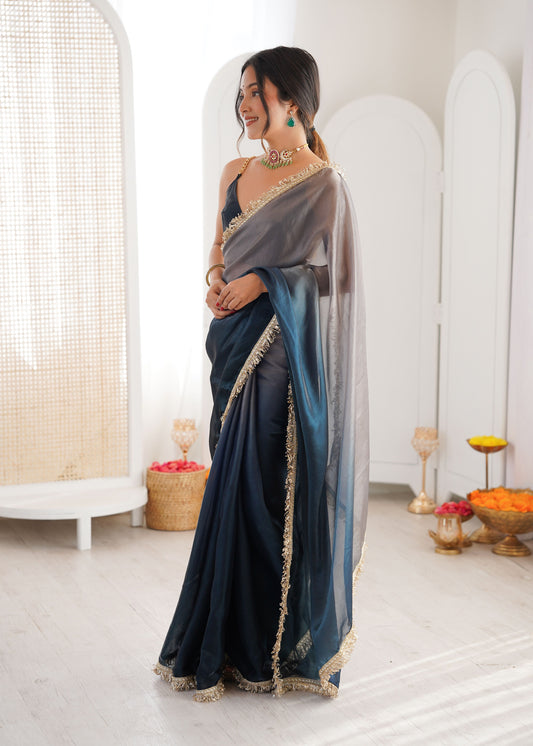 Navy Blue Shaded Satin Lace Work Saree