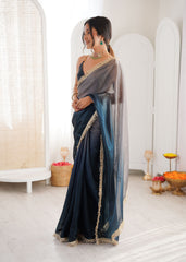 Navy Blue Shaded Satin Lace Work Saree