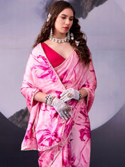 Pink Digital Print Satin Silk Saree