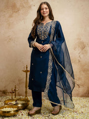 Navy Blue Designer Chanderi Cottan Partywear Kurta Set
