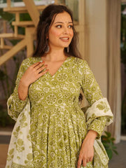 Green Digital Print Cottan Anaraki Style Suit