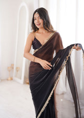 Black Fendi Satin Lace Work Saree