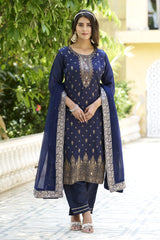Navy Blue Zari Silk Trendy Salwar Kameez