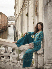 Teal Blue Embroidered Silk Salwar Kameez