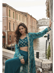 Teal Blue Embroidered Silk Salwar Kameez