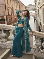 Teal Blue Embroidered Silk Salwar Kameez