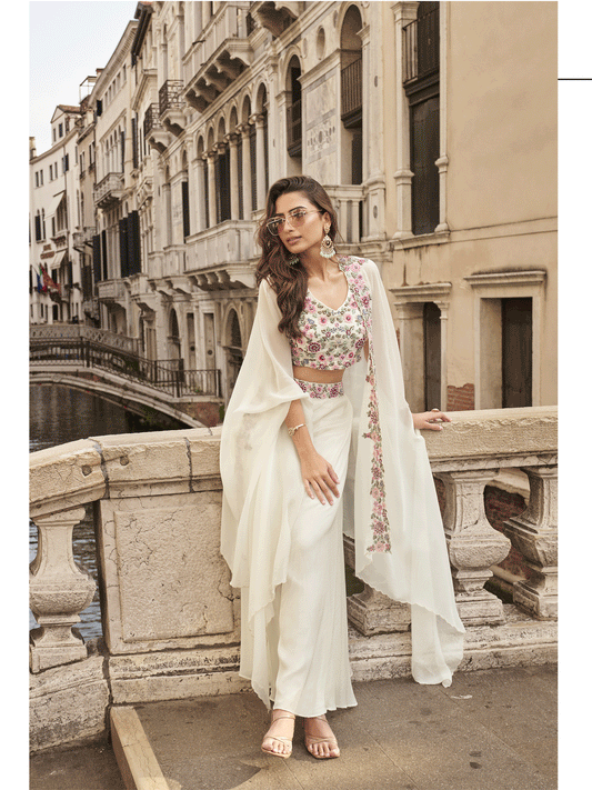 Pearl white palazzo with choli and shrug