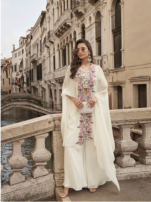 Pearl white palazzo with choli and shrug
