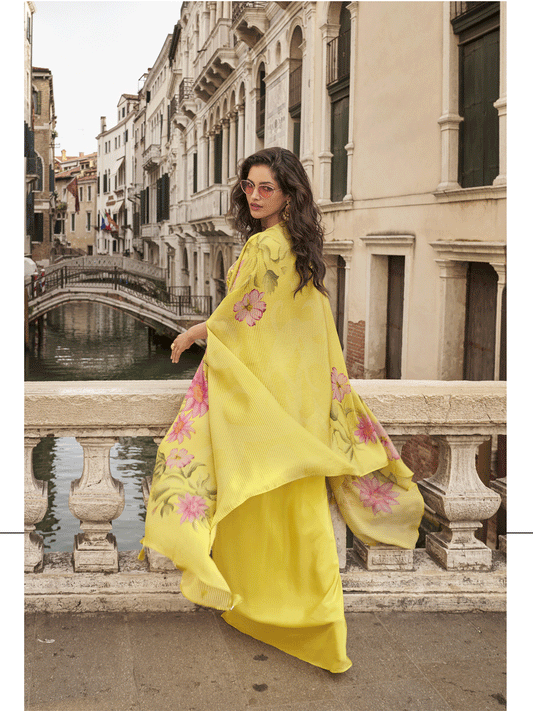 Lemon yellow lehenga with choli and shrug
