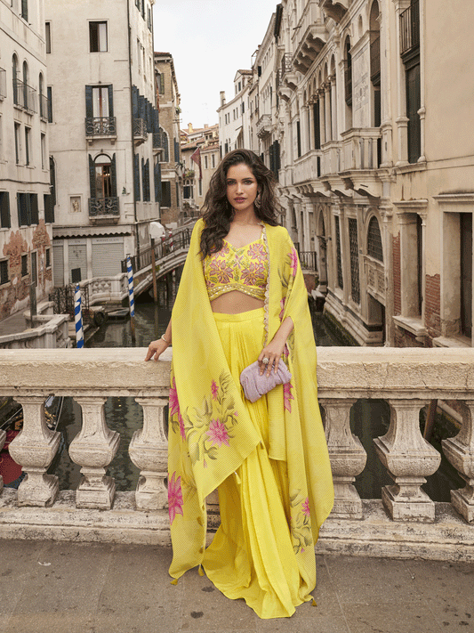 Lemon yellow lehenga with choli and shrug