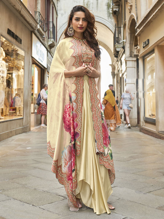 Cream Embroidered Work Crepe Silk Salwar Suit
