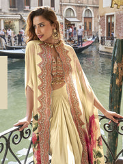 Cream Embroidered Work Crepe Silk Salwar Suit