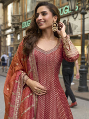 Red And Orange Traditional Embroidery Anarkali Suit