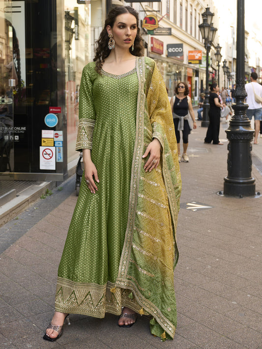 Green And Yellow Traditional Embroidery Anarkali Suit