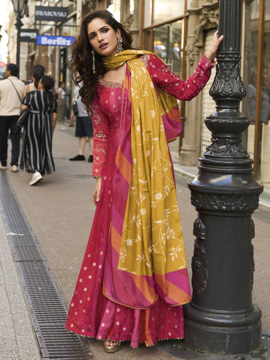 Magenta And Yellow Traditional Embroidery Anarkali Suit