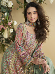 Dainty Multi Colour Crepe Silk Palazzo Salwar Suit with Embroidered Work