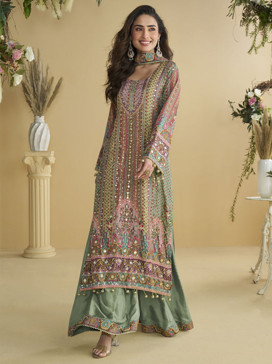 Dainty Multi Colour Crepe Silk Palazzo Salwar Suit with Embroidered Work