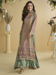Dainty Multi Colour Crepe Silk Palazzo Salwar Suit with Embroidered Work