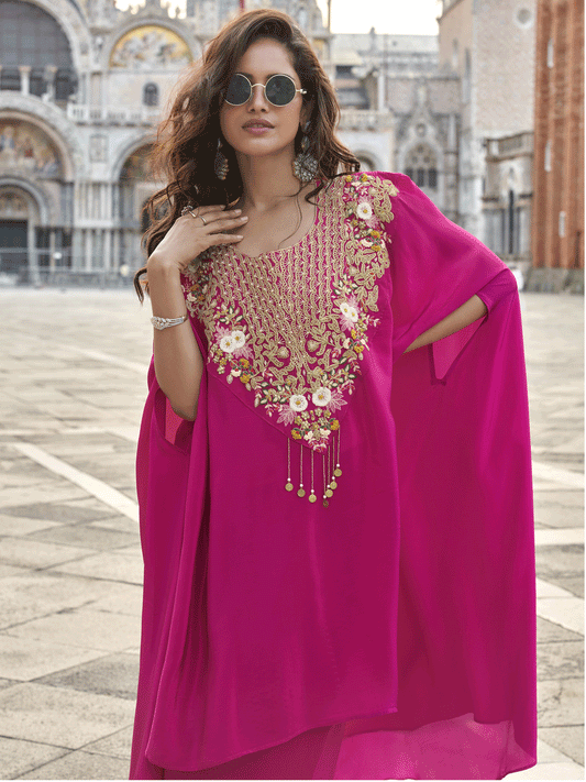 Rani Pink Crepe Silk Zari Beads Sequins Zardosi Thread Embroidered Indowestern Suit Festive Wear