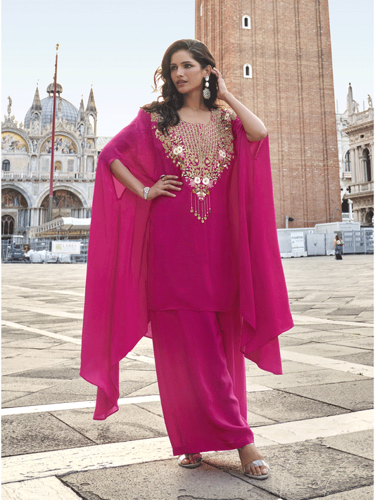 Rani Pink Crepe Silk Zari Beads Sequins Zardosi Thread Embroidered Indowestern Suit Festive Wear