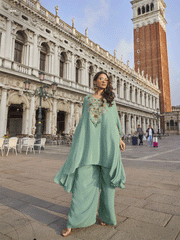 Sea Green Crepe Silk Zari Beads Sequins Zardosi Thread Embroidered Indowestern Suit Festive Wear